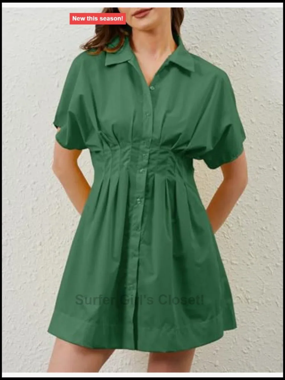 Pleated Button Down Shirt Dress Short Sleeve Mini A-Line